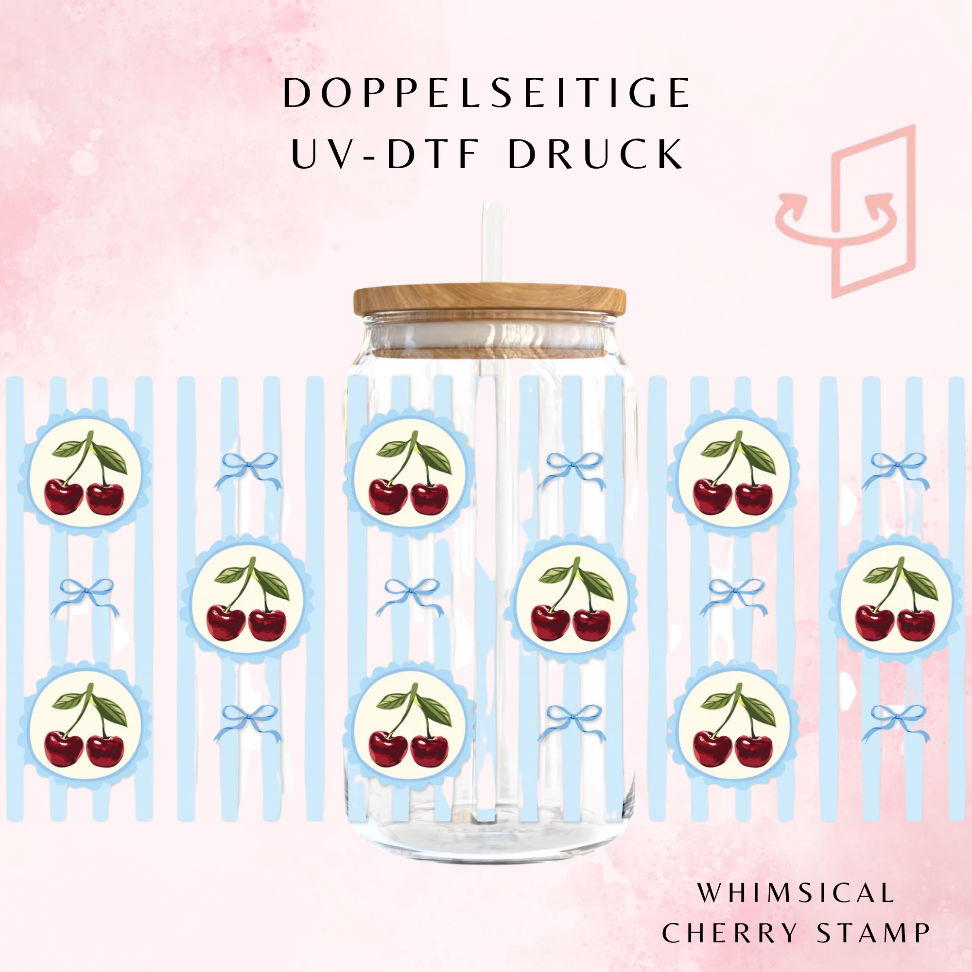 Whimsical Cherry Stamp Trinkglas 🍒🩵  | 16 oz