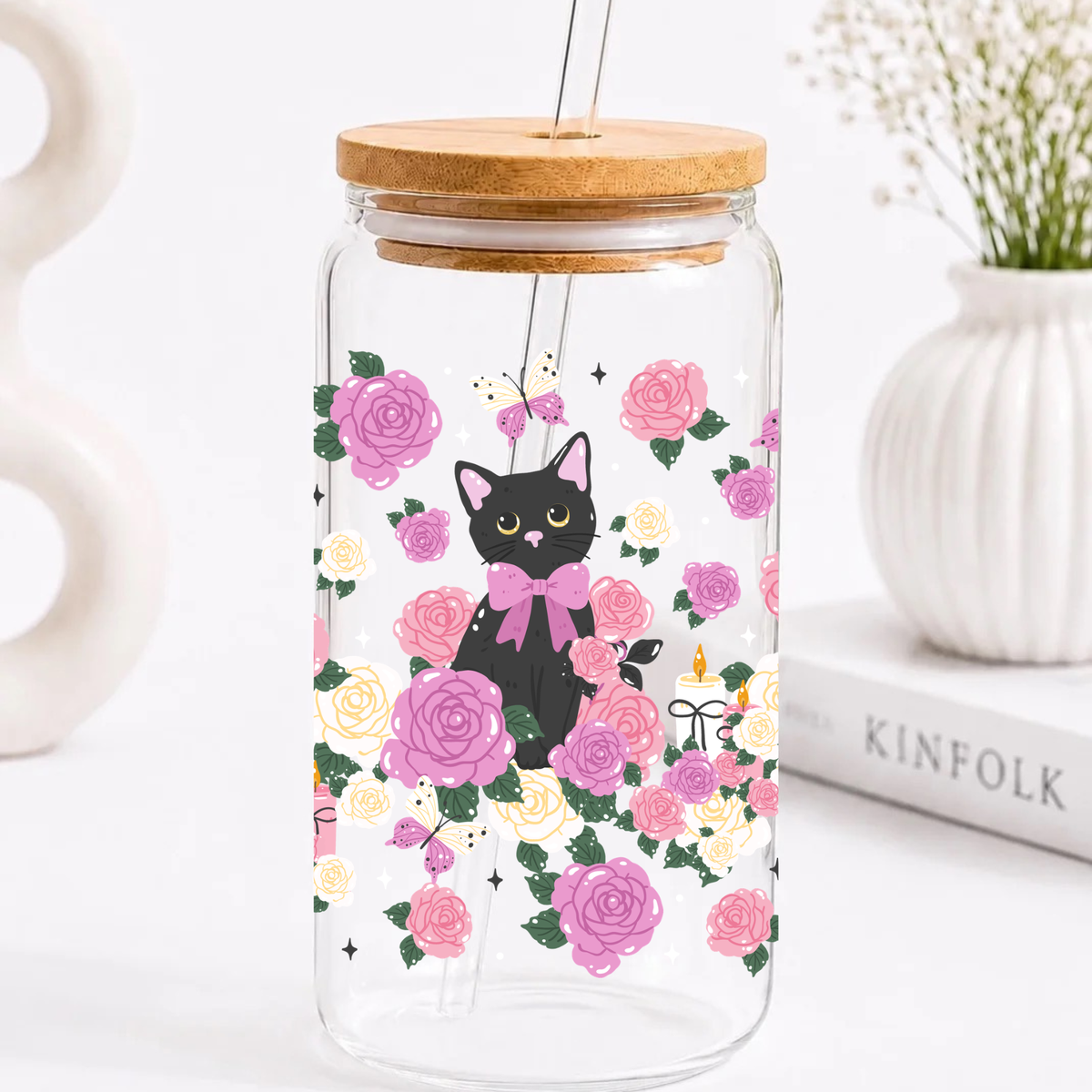 Black Cat Floral Trinkglas | 16 oz