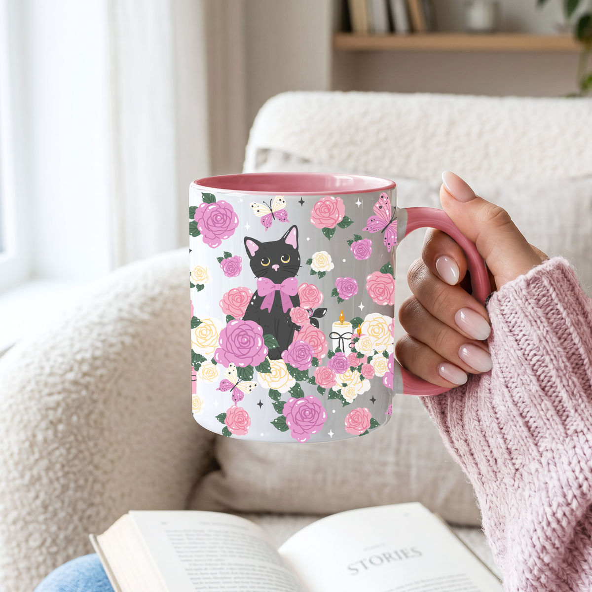 Black Cat Floral Keramiktasse | 11 oz