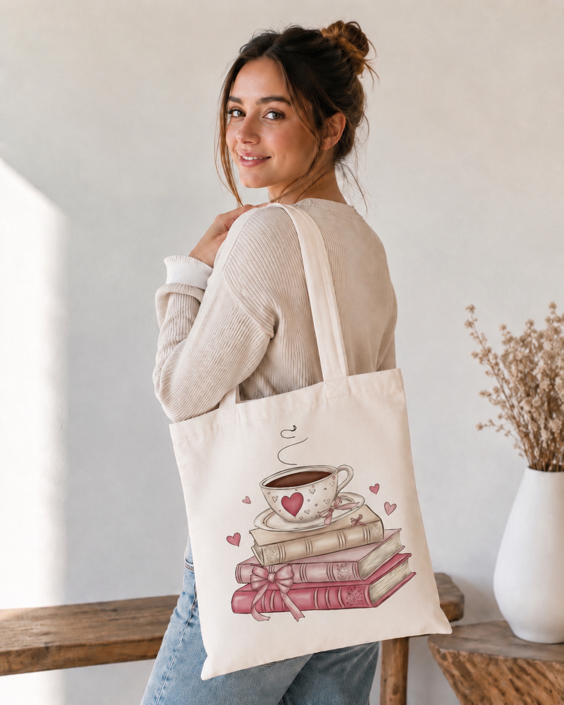 Bücherliebe Tote Bag – Cozy & Stilvoll 📚☕💗