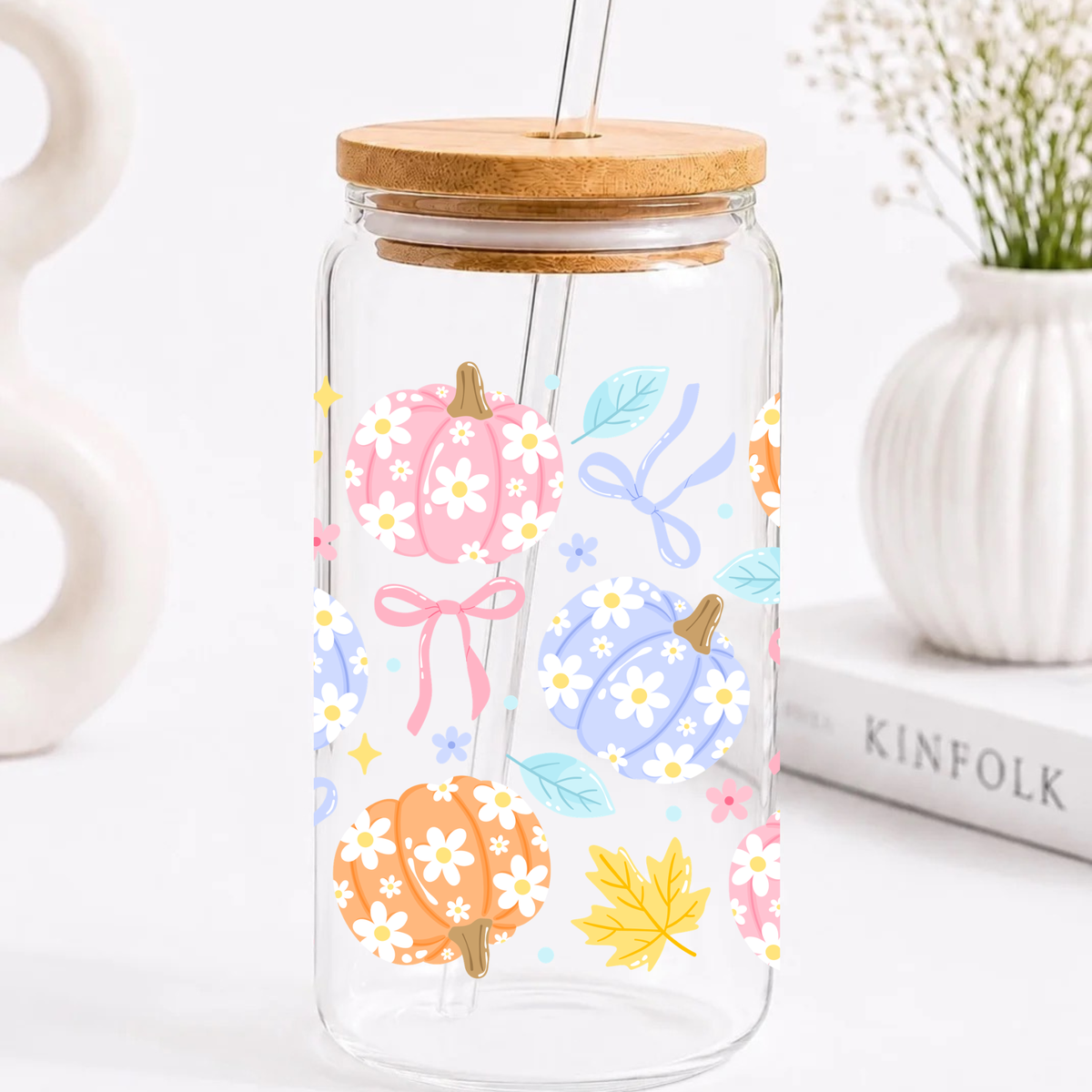 Bunte Kürbisse Trinkglas | 16 oz