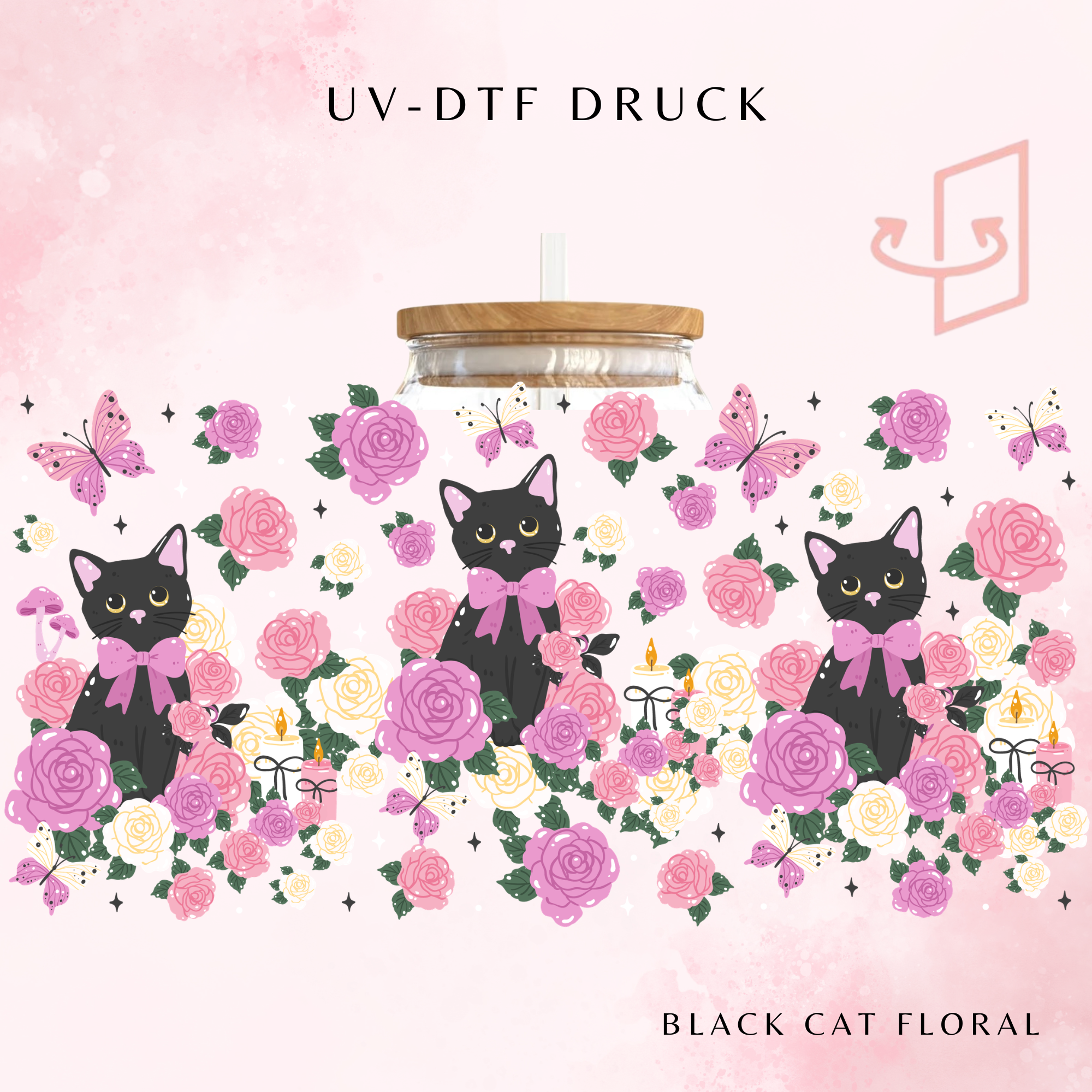 Black Cat Floral Trinkglas | 16 oz