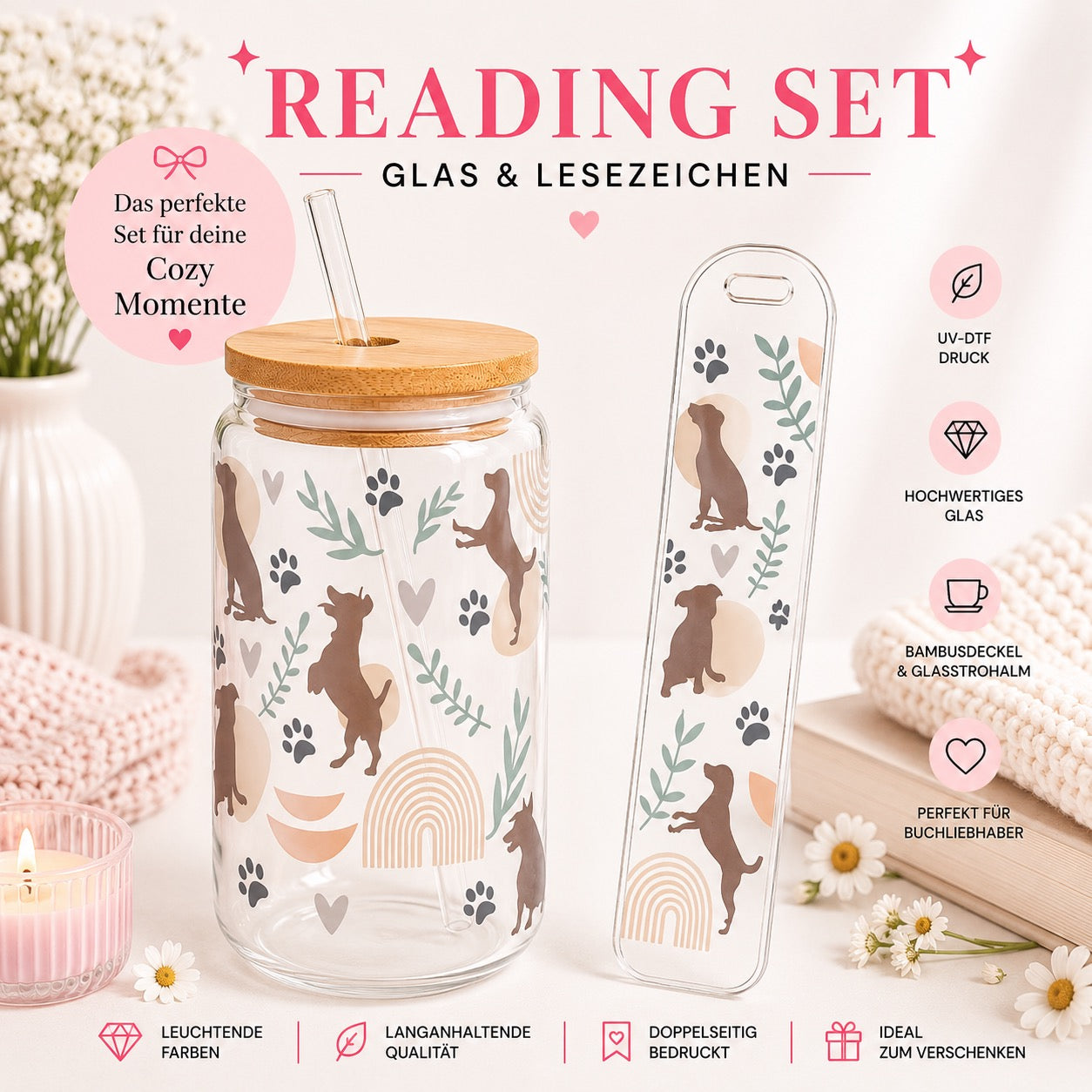 Dog Lover Reading Set – Trinkglas & Lesezeichen