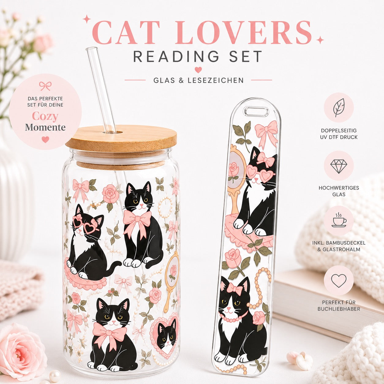 Cat Lovers Reading Set – Trinkglas & Lesezeichen 🖤🎀