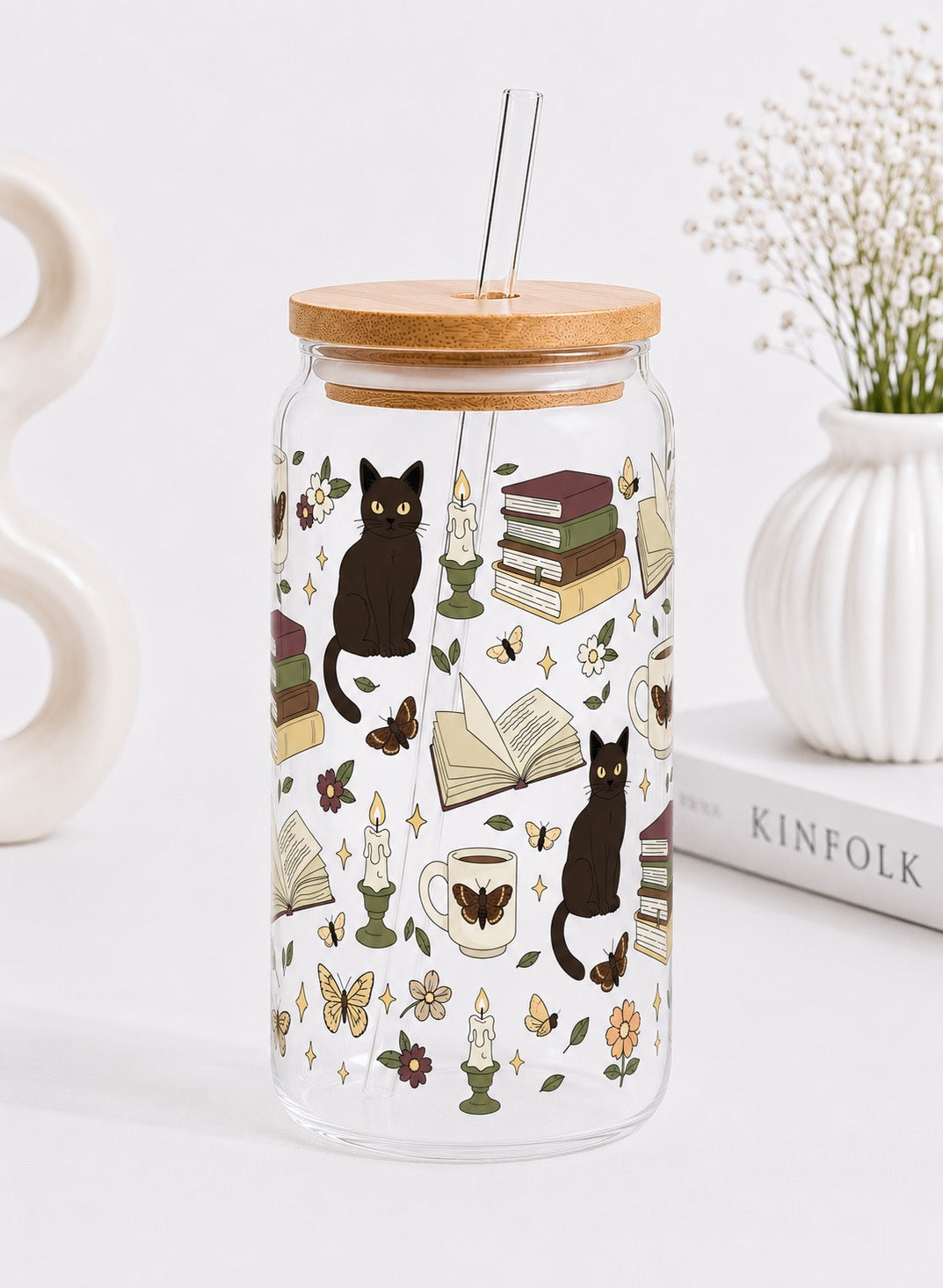 NEU Cat Dark Academia Trinkglas 🐈‍⬛📚 | 16 oz