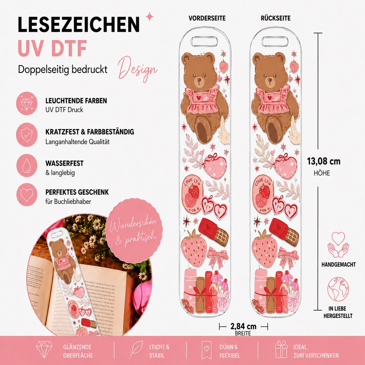 Sweet Bear Bookmark - UV-DTF 🧸🍓🎀
