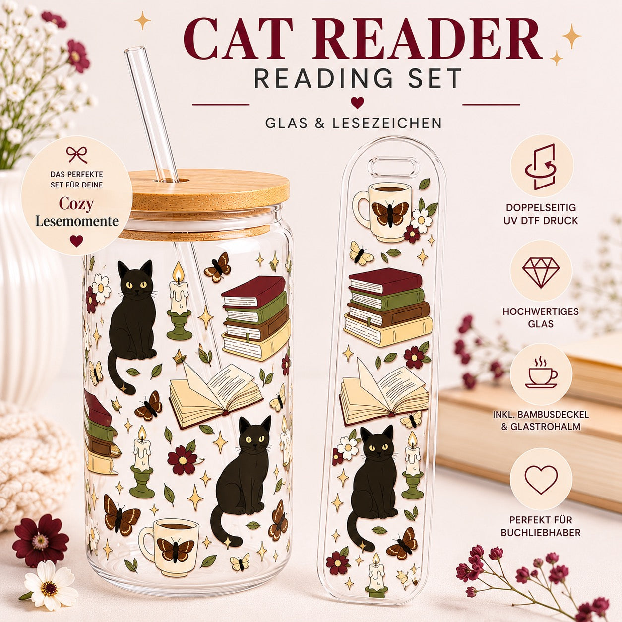 Cat Dark Academia Reading Set – Trinkglas & Lesezeichen🐈📚☕