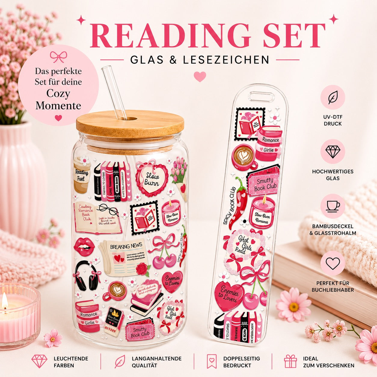 Slow Burn Girlie Reading Set - Trinkglas & Lesezeichen  🎀📚☕