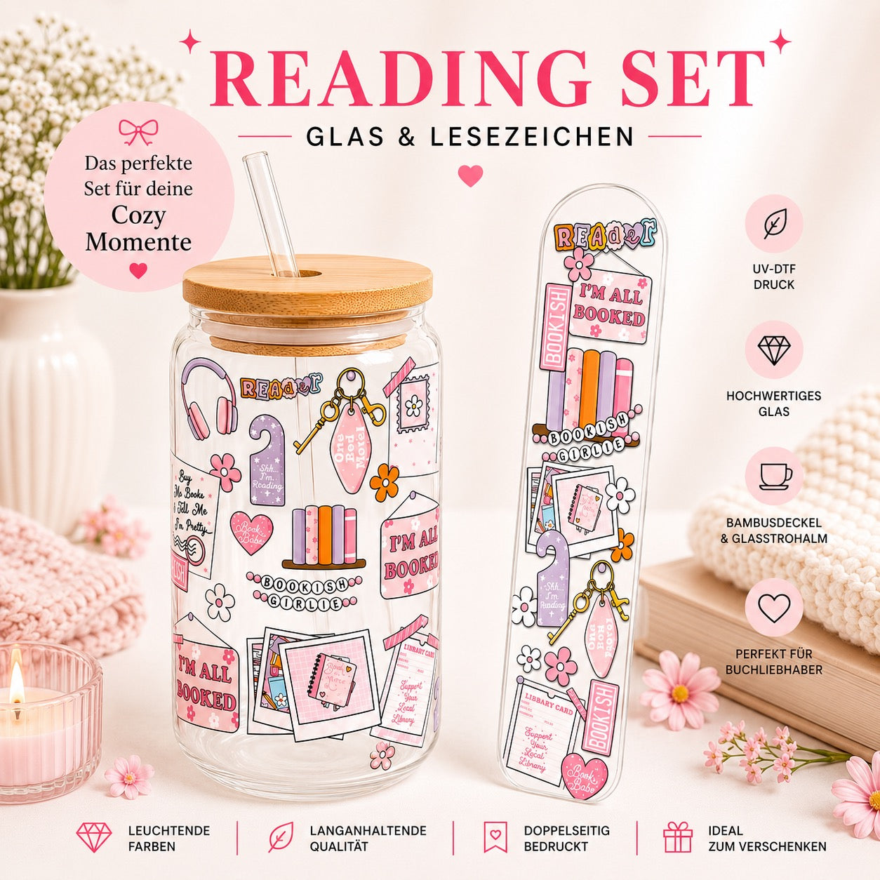 Bookish Girlie Reading Set – Trinkglas & Lesezeichen 📚💕