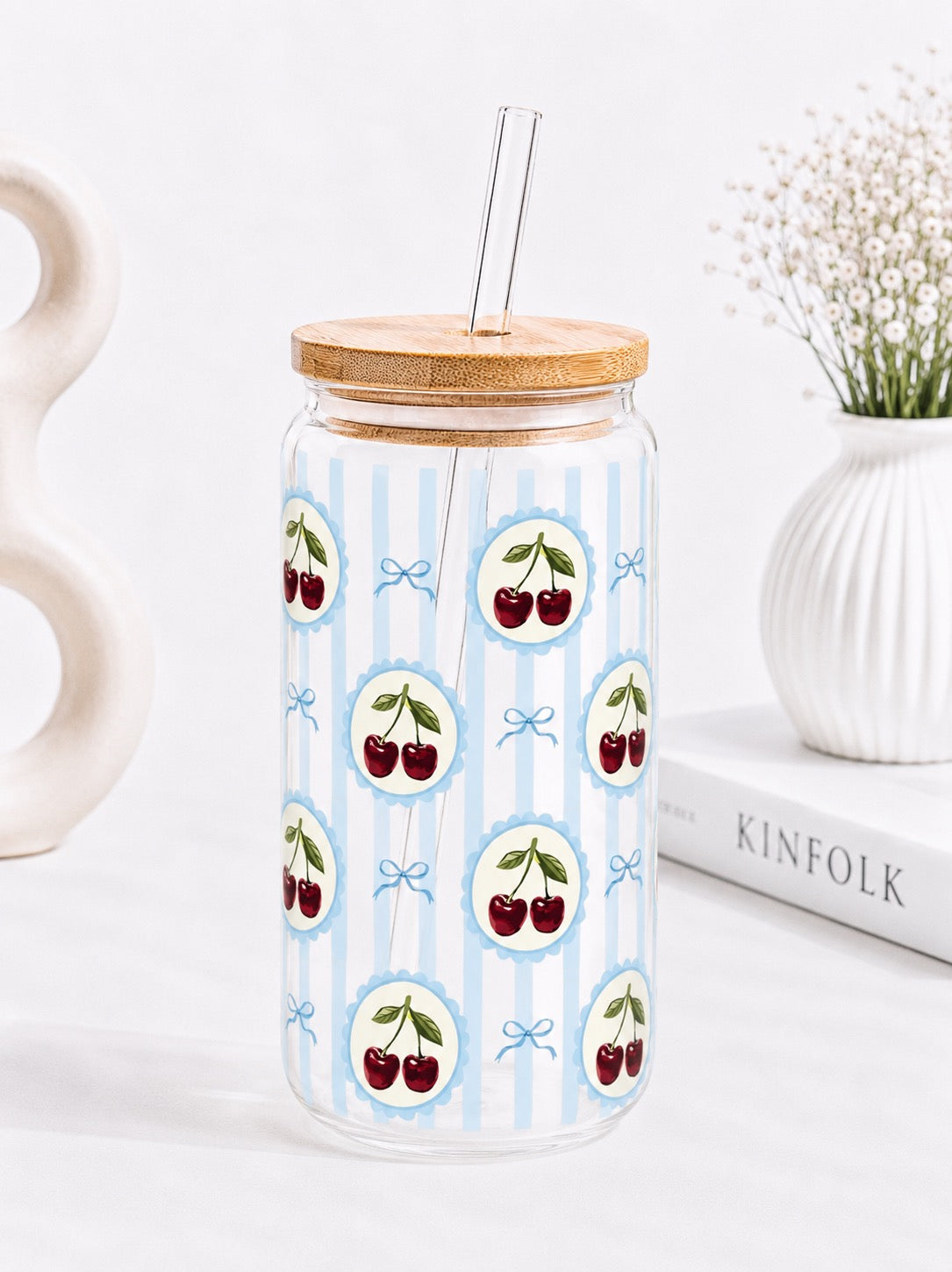 Whimsical Cherry Stamp Trinkglas 🍒🩵  | 16 oz