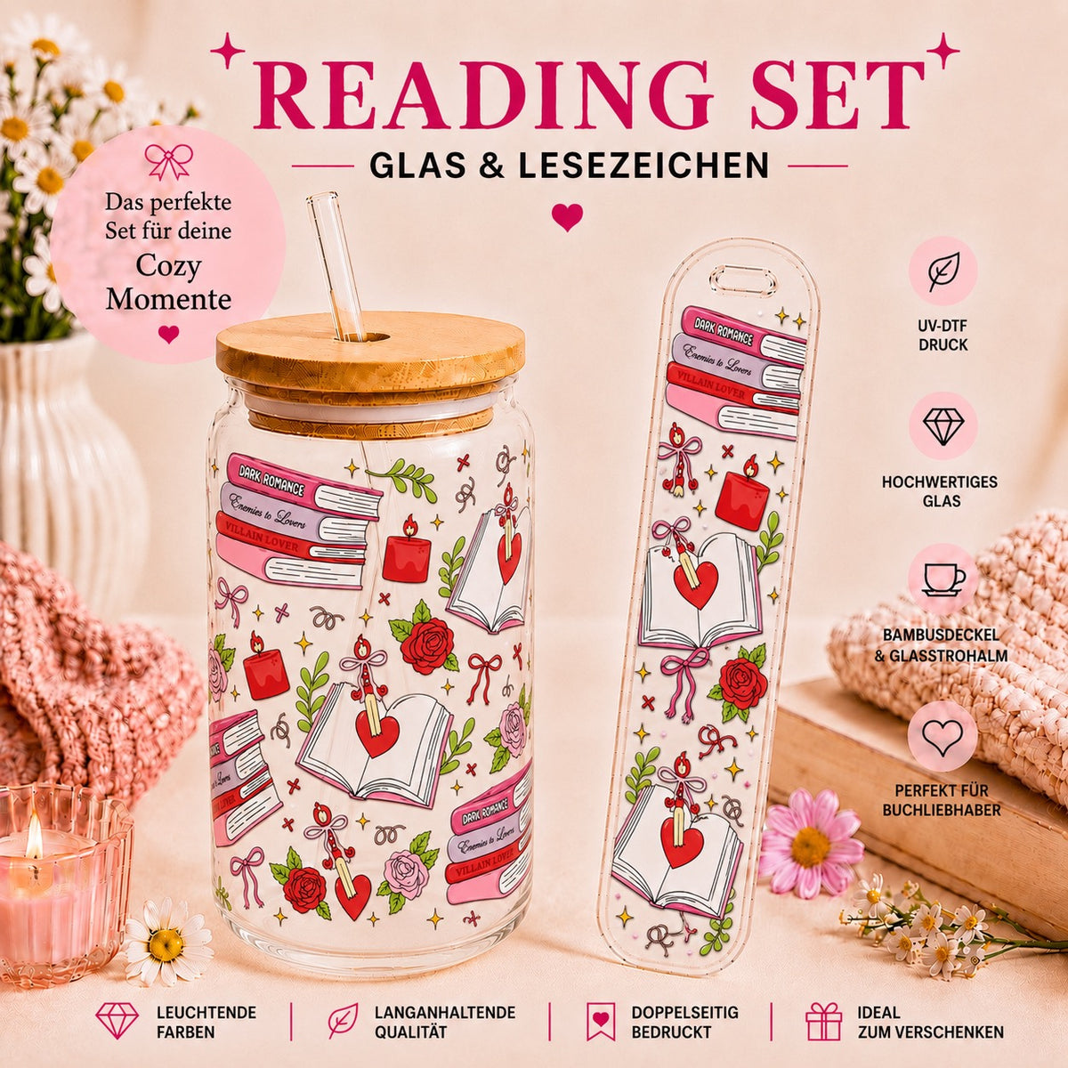 Dark Romance Reader – Reading Set | Glas & Lesezeichen