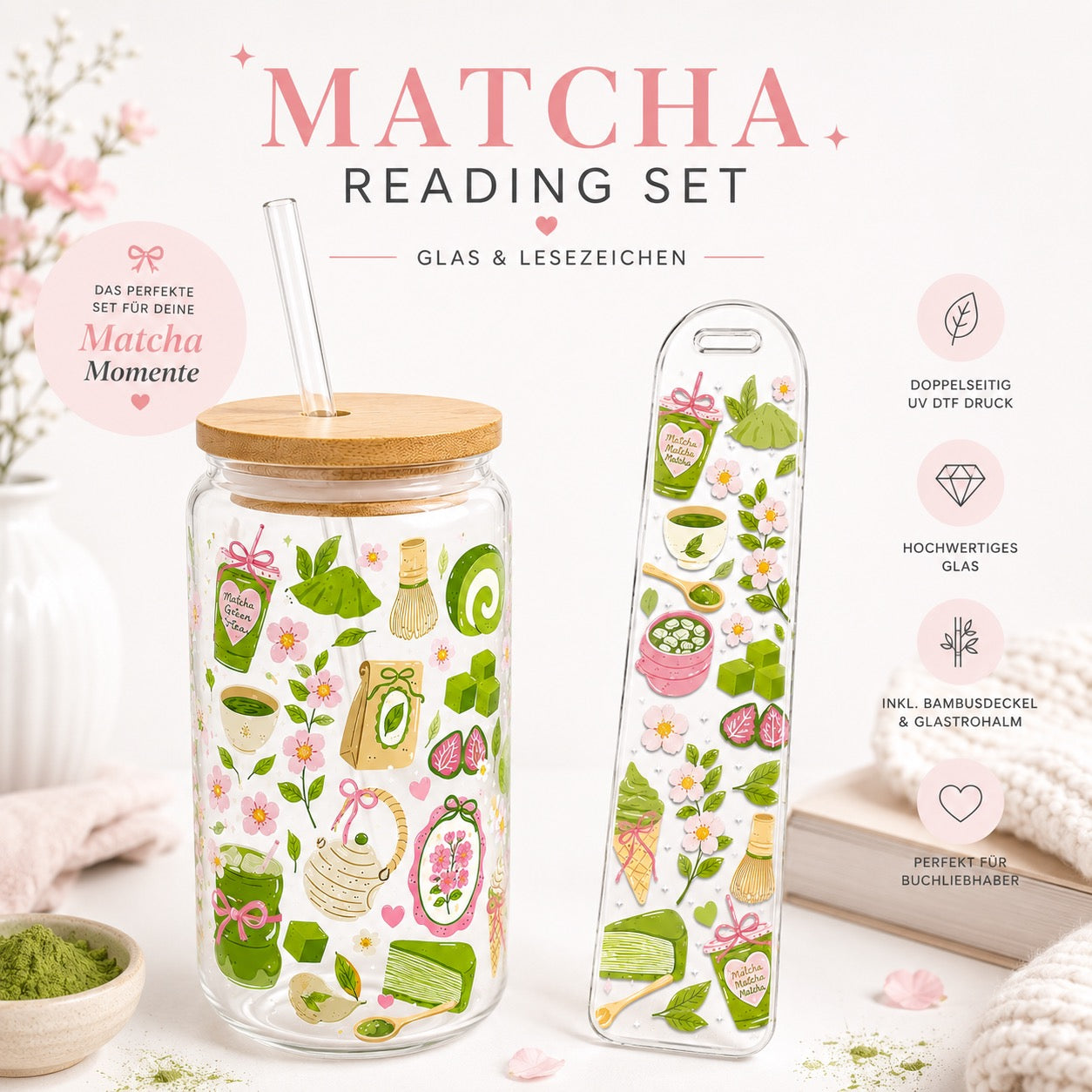 Matcha Reading Set – Trinkglas & Lesezeichen  🍵🌸