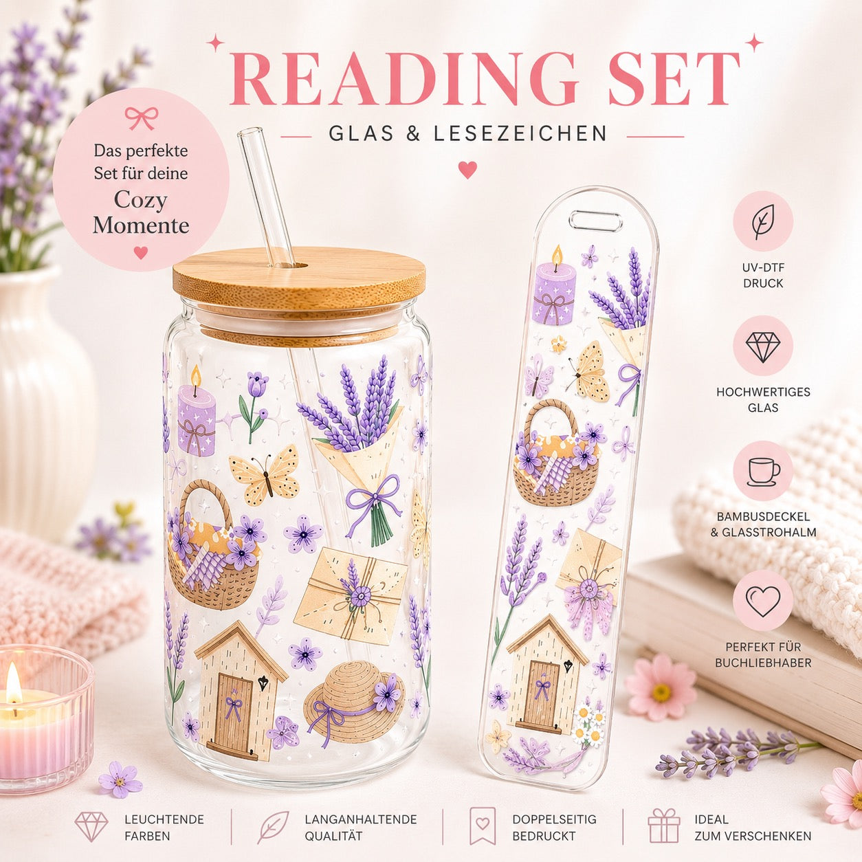 Lavender Cozy Reading Set – Trinkglas & Lesezeichen 🪻🌸