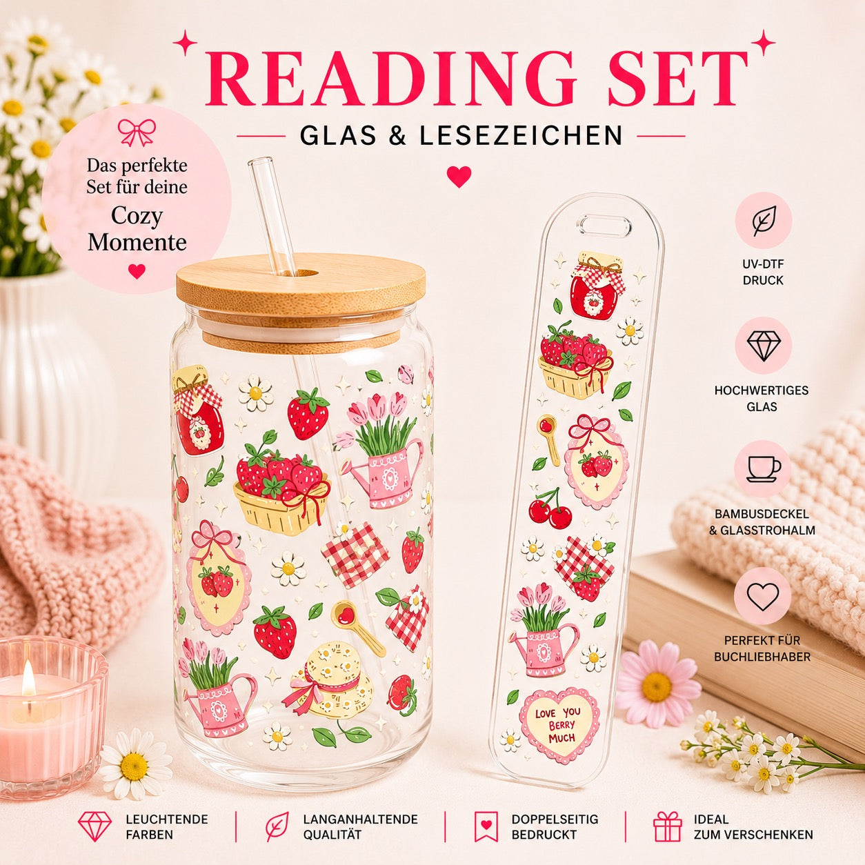 Strawberry Jam Reading Set – Trinkglas & Lesezeichen
