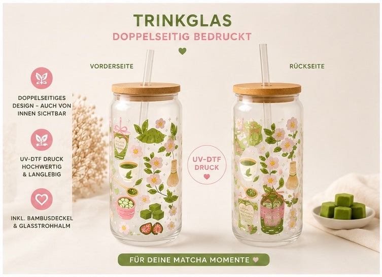 Matcha Selfcare Geschenkset I Trinkglas, Yoga Socken und Beauty Bag I Limited Edition