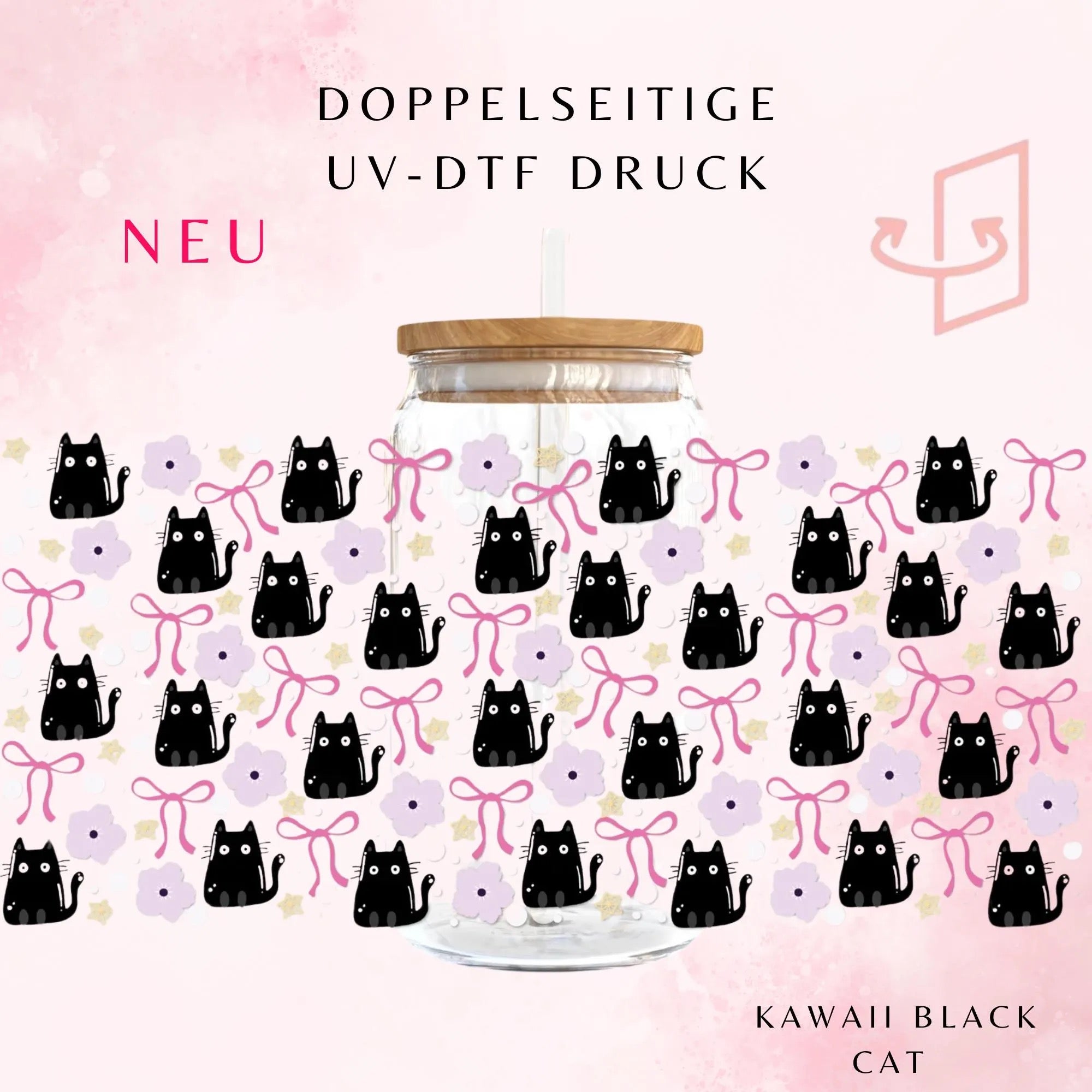 Cute Black Cat Trinkglas 🐈‍⬛🎀 | 16 oz