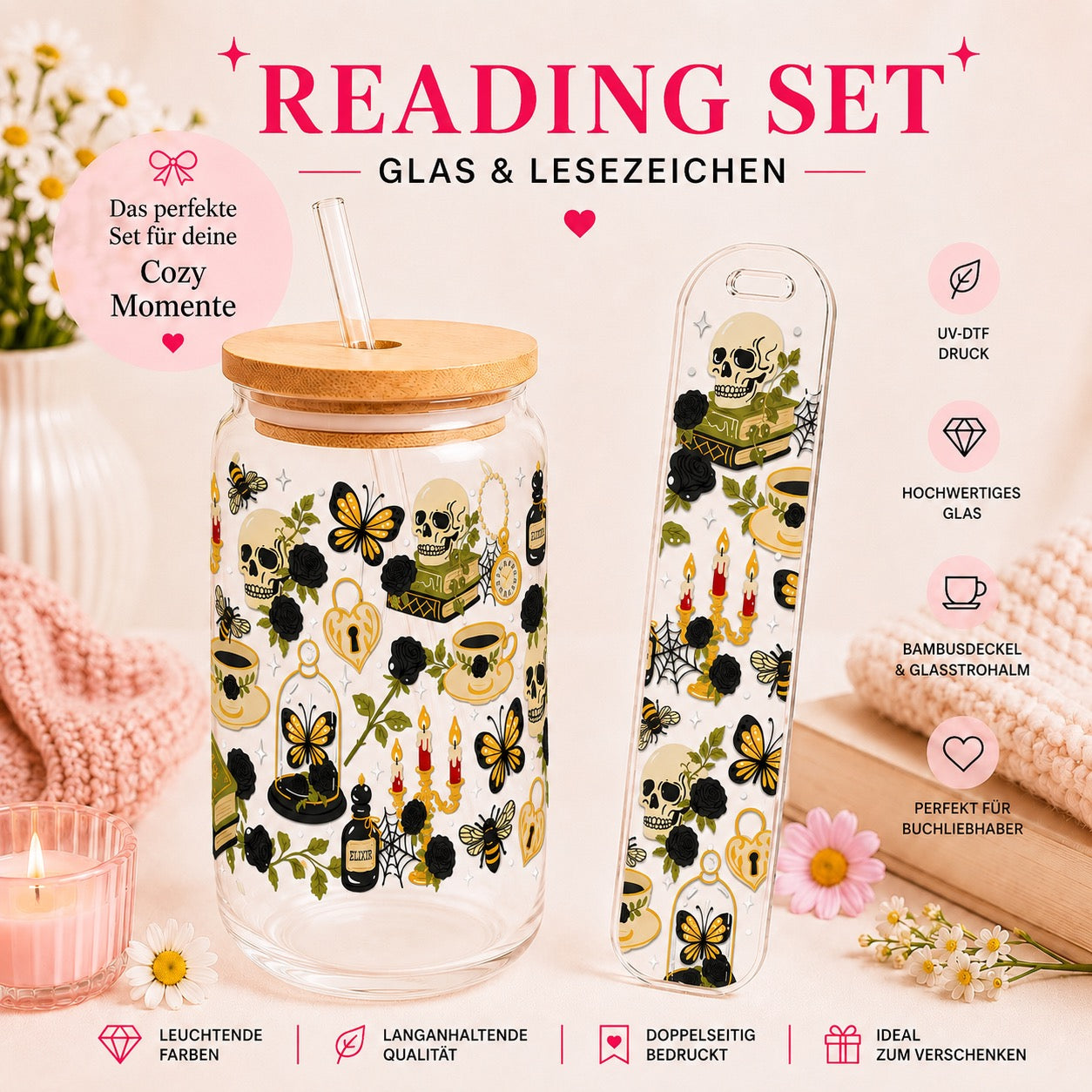 Dark Academia – Reading Set | Glas & Lesezeichen
