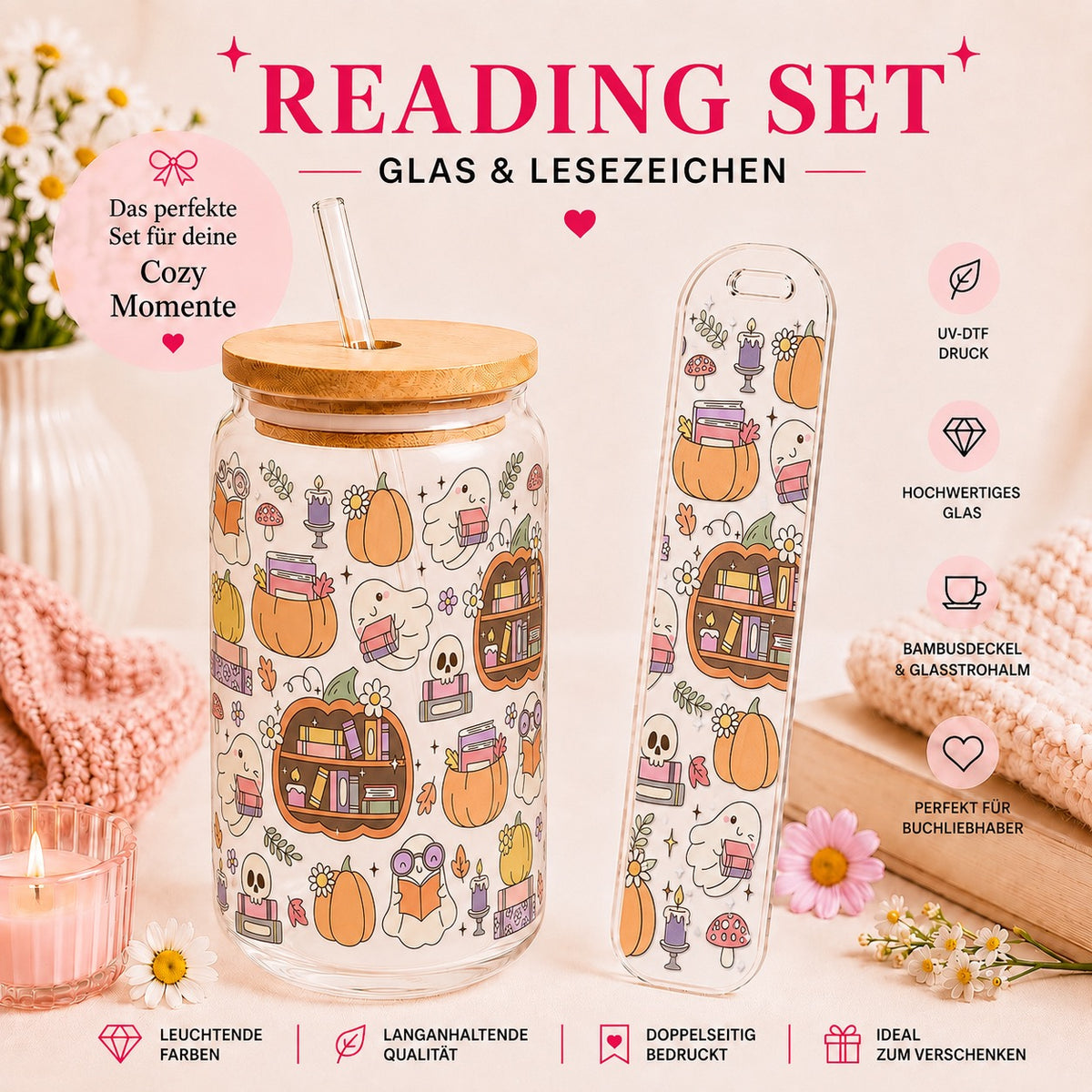 Halloween Ghost Bookshelf – Reading Set | Glas & Lesezeichen
