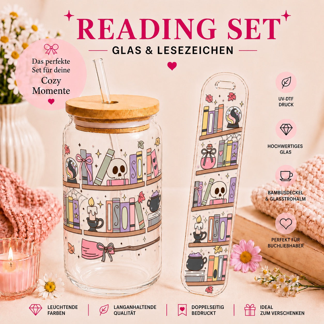 Halloween Bookshelf – Reading Set | Glas & Lesezeichen