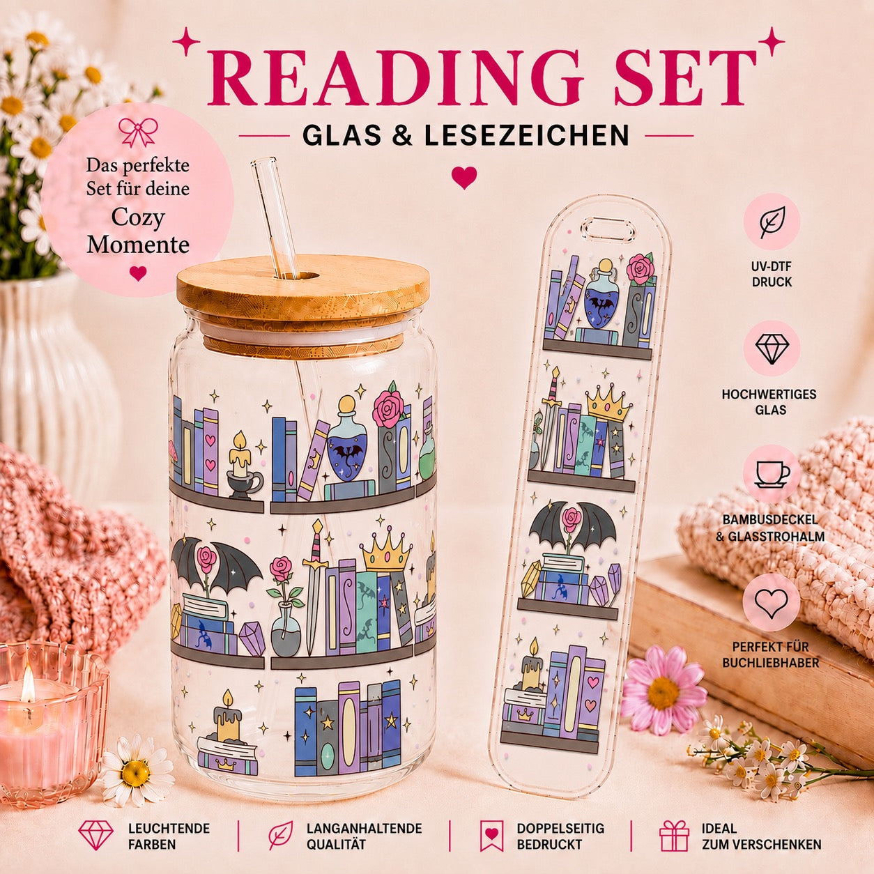 Romantasy Bookshelf – Reading Set | Glas & Lesezeichen