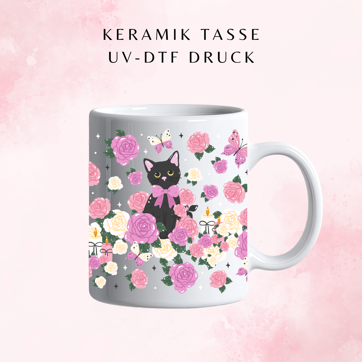 Black Cat Floral Keramiktasse | 11 oz