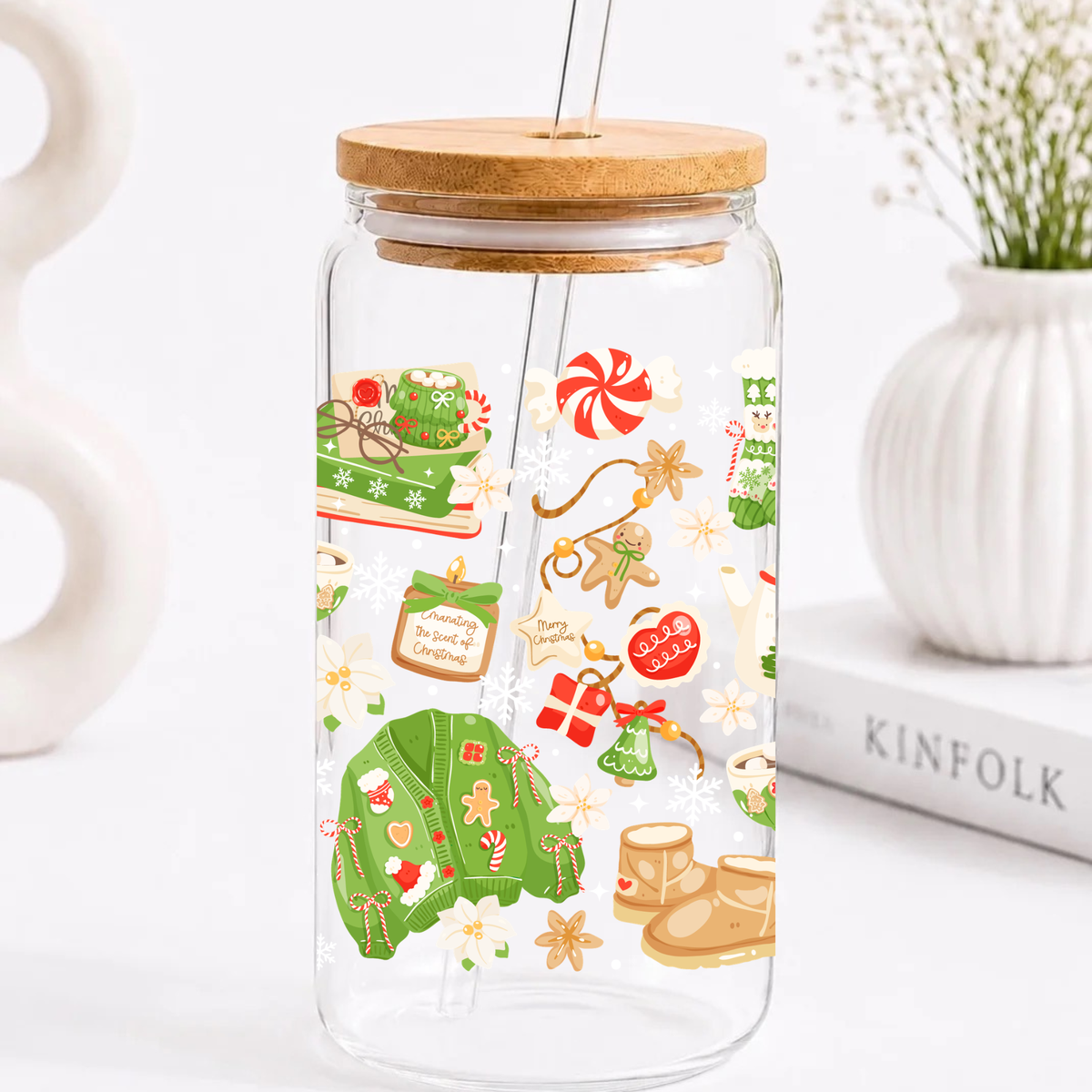 Cozy Green Christmas Trinkglas | 16 oz