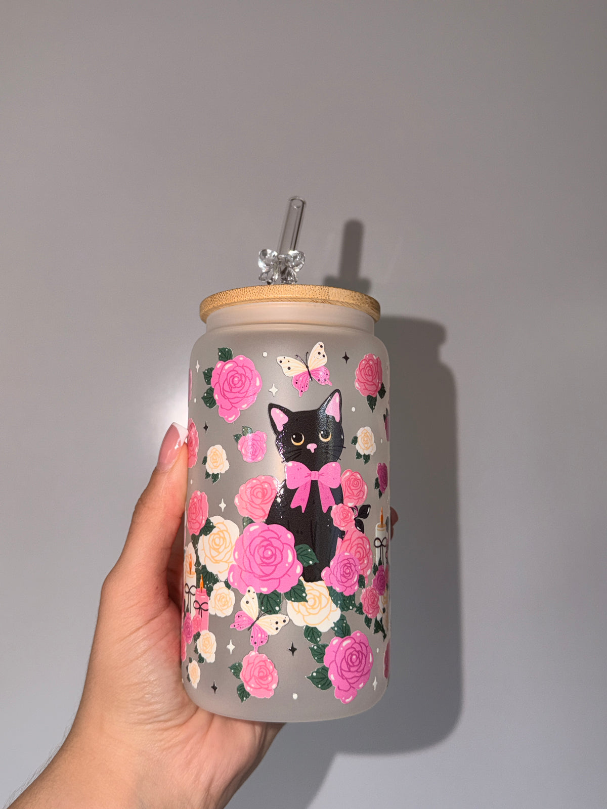 Black Cat Floral Trinkglas | 16 oz